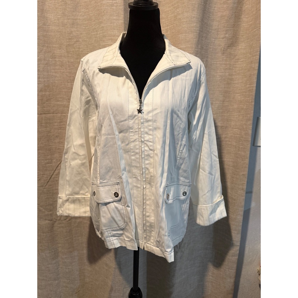 Keneth Too! Womens White Cotton Zip Up Utility Jacket Star Zipper Large